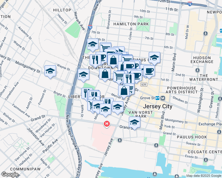 map of restaurants, bars, coffee shops, grocery stores, and more near 329a Monmouth Street in Jersey City