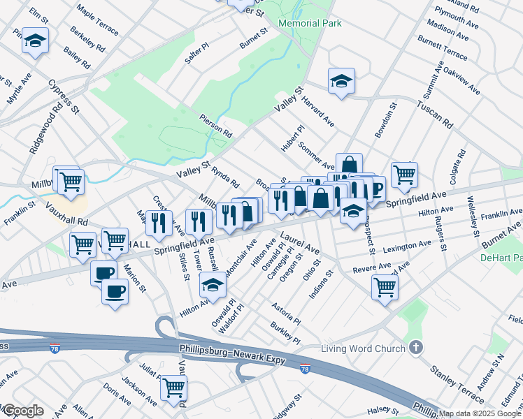 map of restaurants, bars, coffee shops, grocery stores, and more near 18 Overlook Terrace in Maplewood