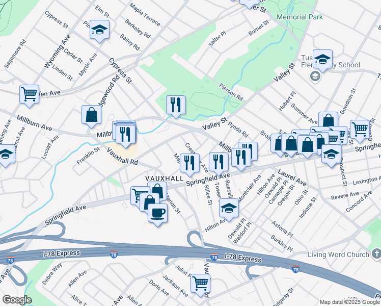 map of restaurants, bars, coffee shops, grocery stores, and more near 74 Crestview Avenue in Union