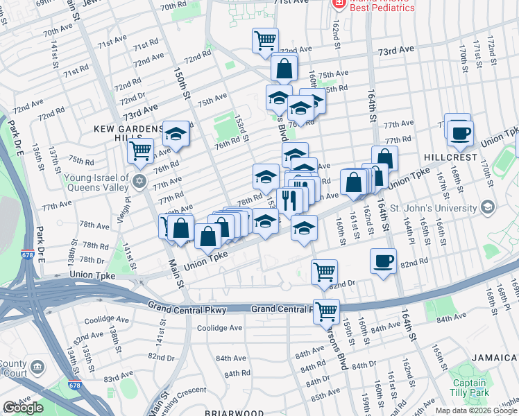 map of restaurants, bars, coffee shops, grocery stores, and more near 152-01 79th Avenue in Queens