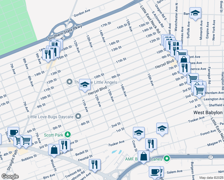 map of restaurants, bars, coffee shops, grocery stores, and more near 1310 7th Street in West Babylon