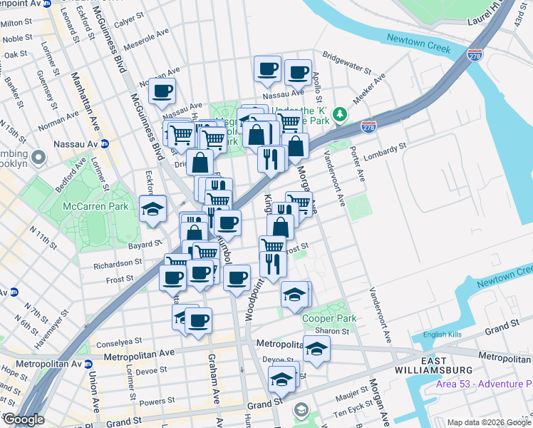 map of restaurants, bars, coffee shops, grocery stores, and more near 117 Kingsland Avenue in Brooklyn