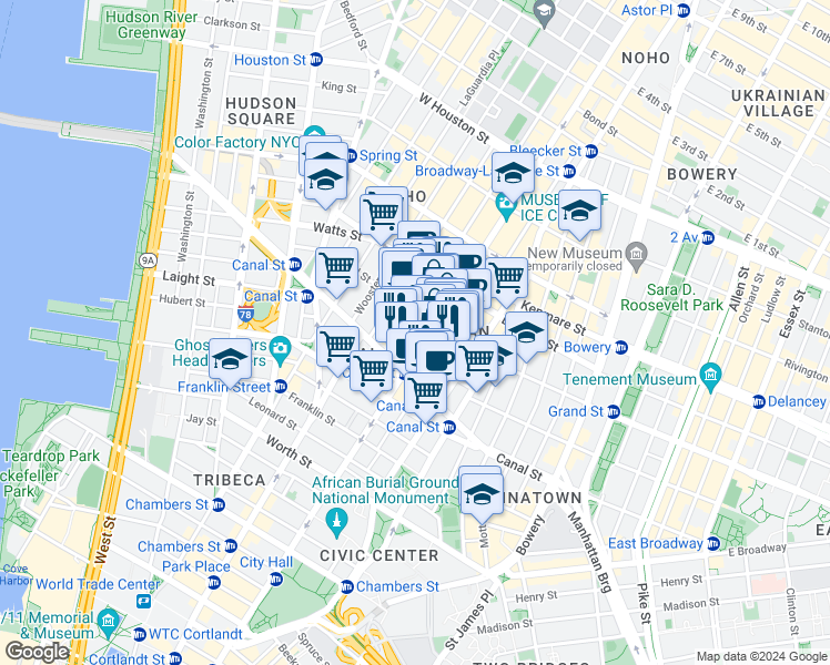 map of restaurants, bars, coffee shops, grocery stores, and more near in New York