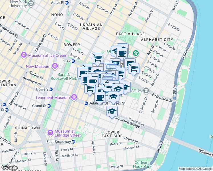 map of restaurants, bars, coffee shops, grocery stores, and more near in New York