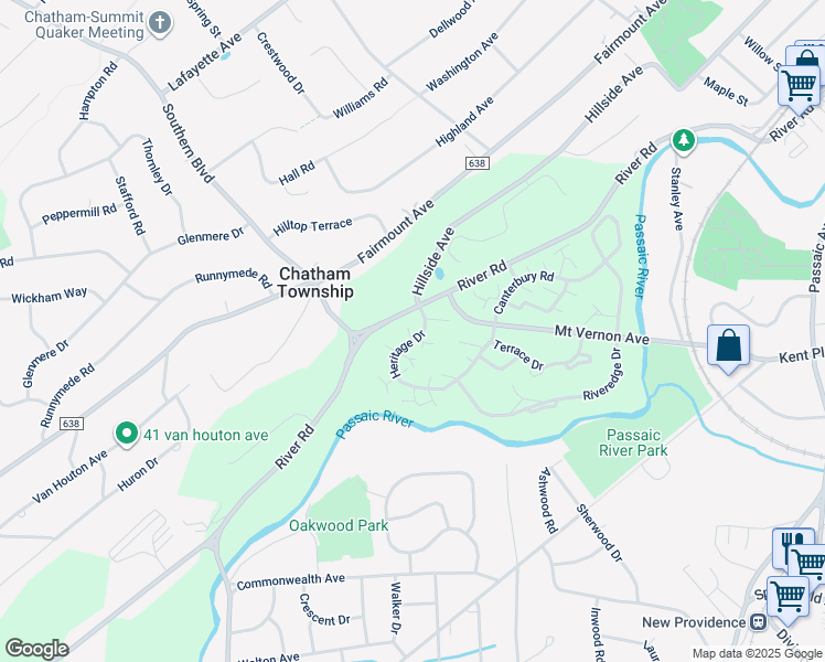 map of restaurants, bars, coffee shops, grocery stores, and more near 22G Heritage Drive in Chatham Township