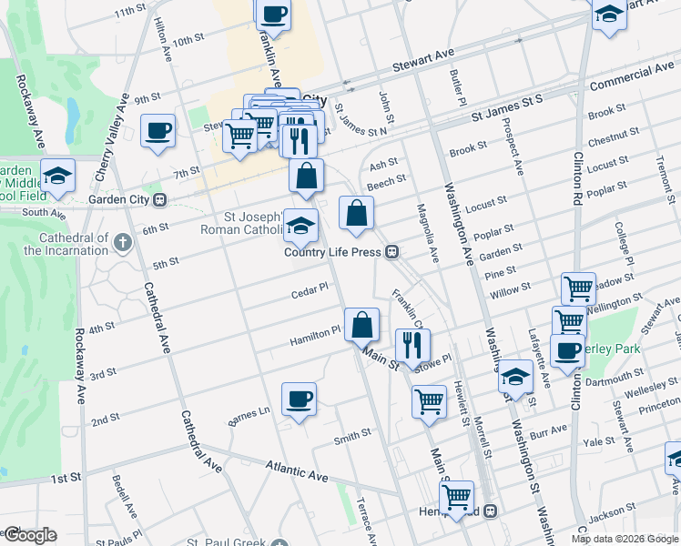map of restaurants, bars, coffee shops, grocery stores, and more near 301 Franklin Avenue in Garden City