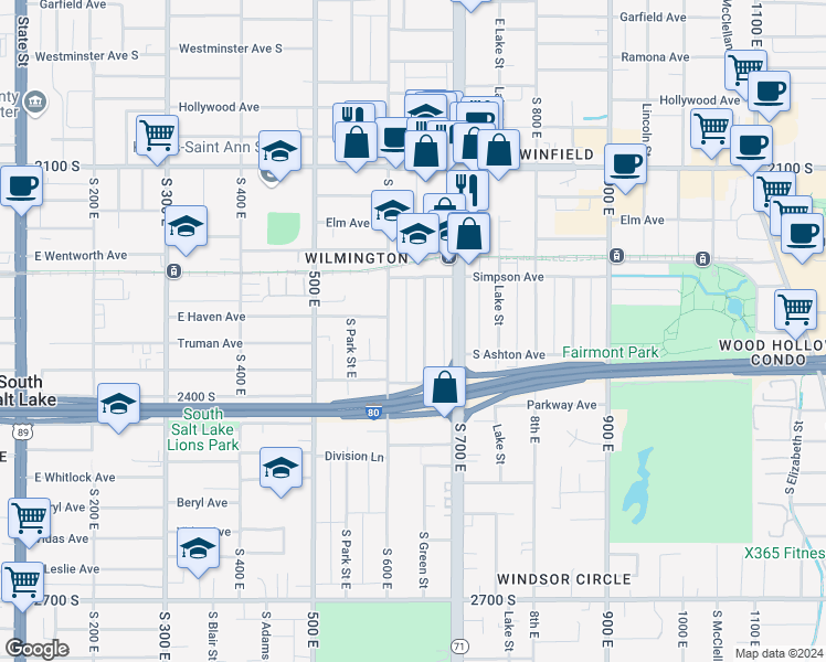 map of restaurants, bars, coffee shops, grocery stores, and more near 2318 Green Street East in Salt Lake City