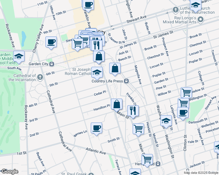 map of restaurants, bars, coffee shops, grocery stores, and more near 301 Franklin Avenue in Garden City