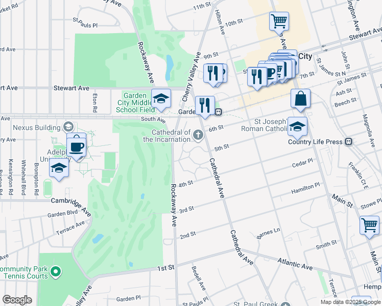 map of restaurants, bars, coffee shops, grocery stores, and more near 36 Cathedral Ave in Garden City