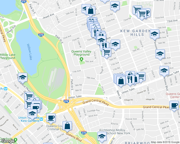 map of restaurants, bars, coffee shops, grocery stores, and more near 138-24 77th Avenue in Queens