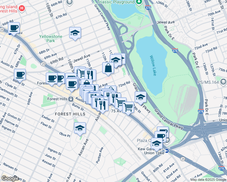 map of restaurants, bars, coffee shops, grocery stores, and more near 110-42 72nd Road in Queens