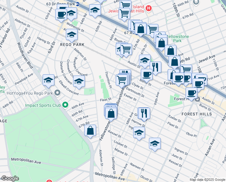 map of restaurants, bars, coffee shops, grocery stores, and more near 67-50 Thornton Place in Queens