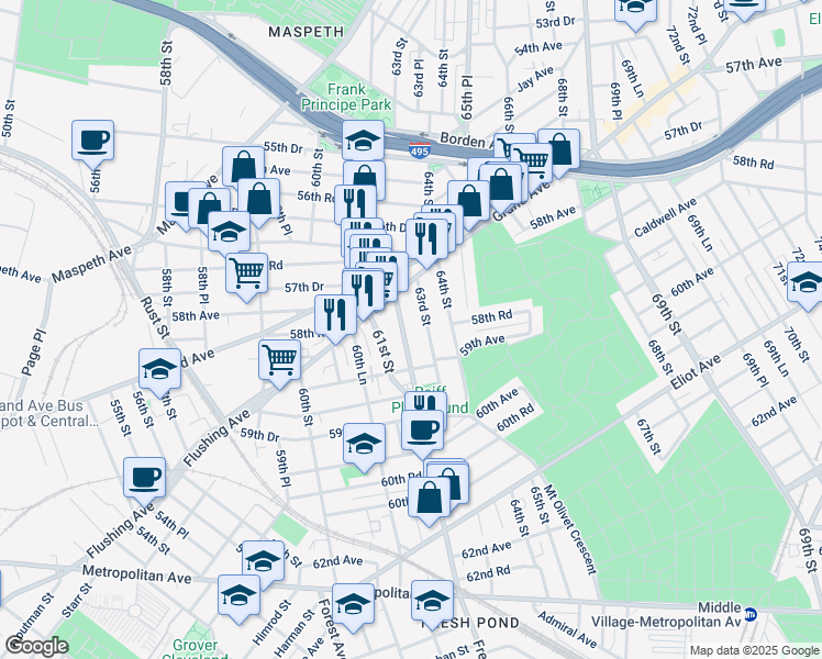 map of restaurants, bars, coffee shops, grocery stores, and more near 58-16 63rd Street in Queens