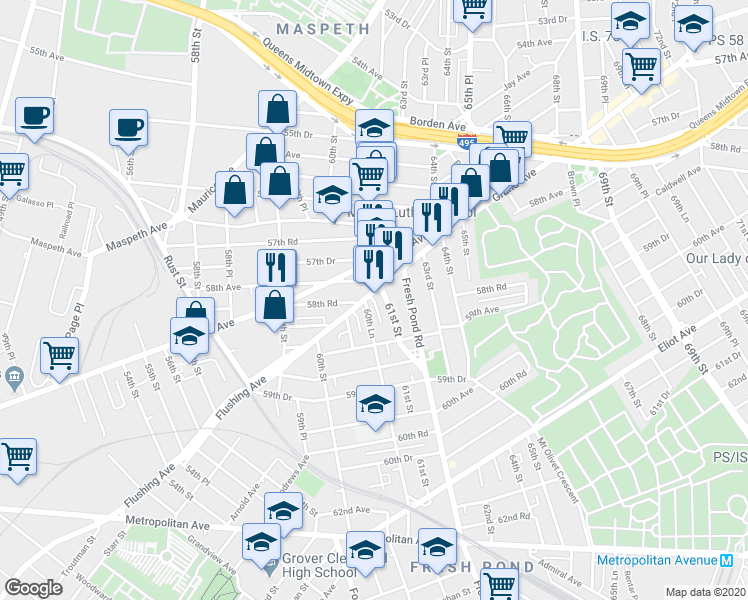 map of restaurants, bars, coffee shops, grocery stores, and more near 60-78 Flushing Avenue in Queens