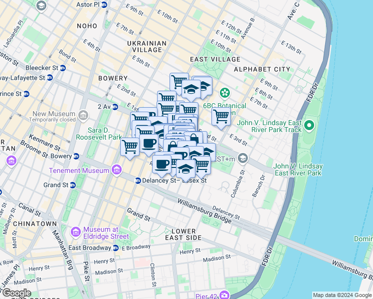 map of restaurants, bars, coffee shops, grocery stores, and more near 25 Clinton Street in New York