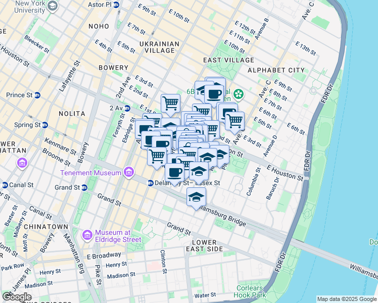 map of restaurants, bars, coffee shops, grocery stores, and more near 25 Clinton Street in New York