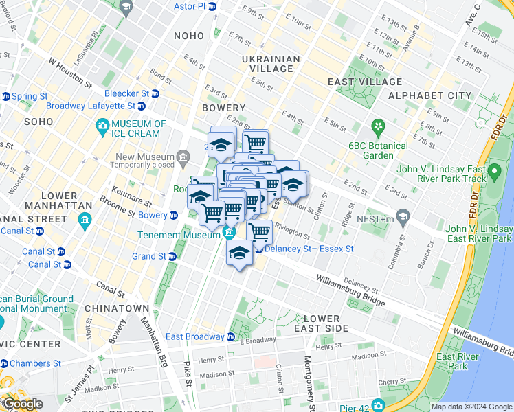 map of restaurants, bars, coffee shops, grocery stores, and more near 143 Ludlow Street in New York