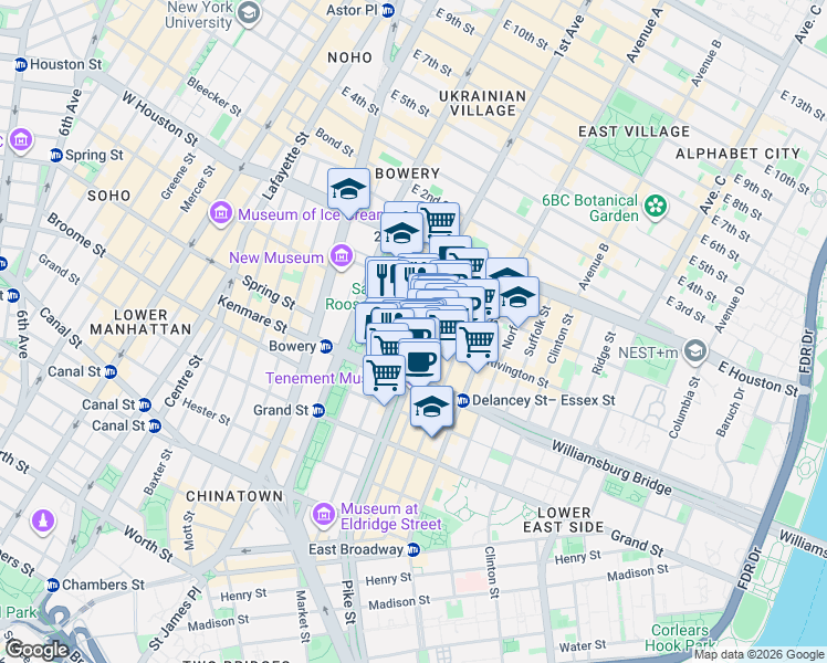 map of restaurants, bars, coffee shops, grocery stores, and more near 184 Eldridge Street in New York