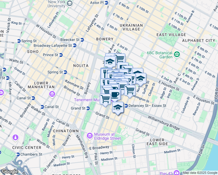 map of restaurants, bars, coffee shops, grocery stores, and more near 184 Eldridge Street in New York