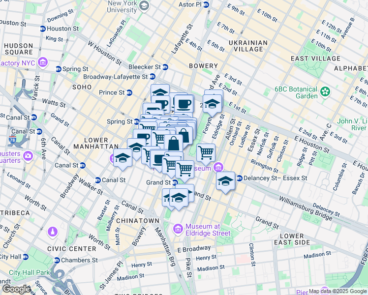 map of restaurants, bars, coffee shops, grocery stores, and more near 5 Rivington Street in New York