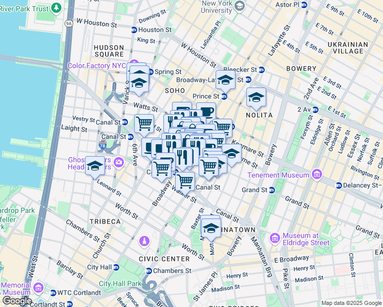 map of restaurants, bars, coffee shops, grocery stores, and more near in New York