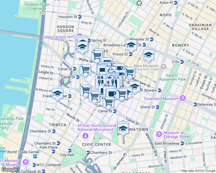 map of restaurants, bars, coffee shops, grocery stores, and more near in New York