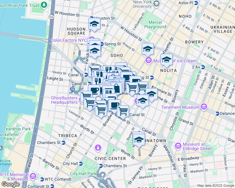 map of restaurants, bars, coffee shops, grocery stores, and more near 7 Mercer Street in New York