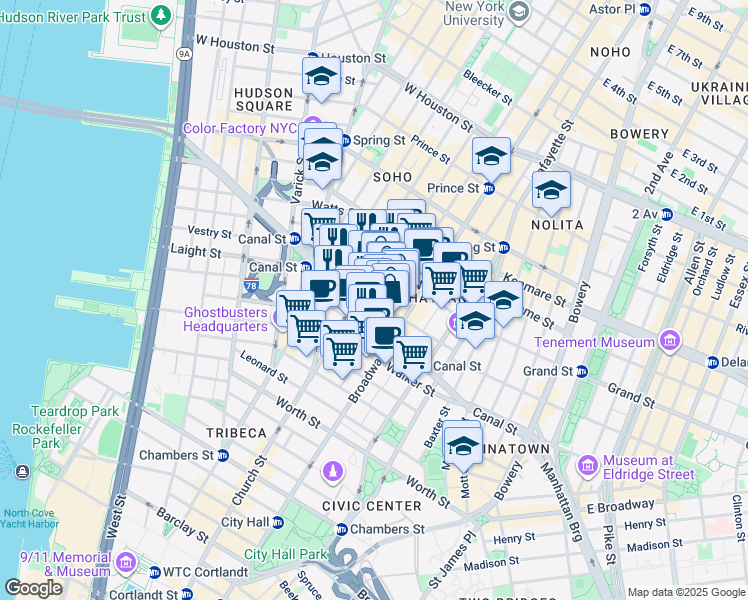 map of restaurants, bars, coffee shops, grocery stores, and more near 7 Mercer Street in New York