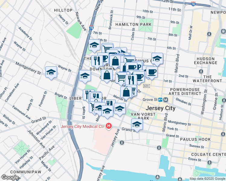map of restaurants, bars, coffee shops, grocery stores, and more near 329a Monmouth Street in Jersey City
