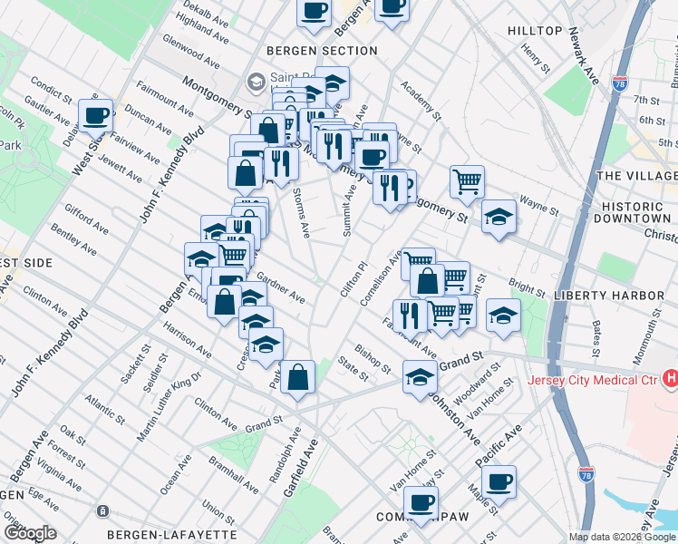 map of restaurants, bars, coffee shops, grocery stores, and more near 75A Clifton Place in Jersey City
