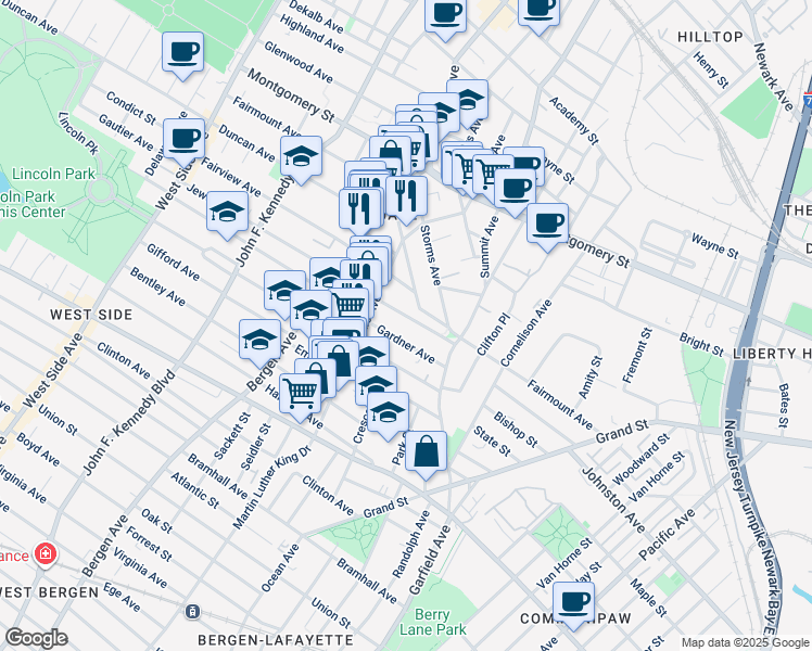 map of restaurants, bars, coffee shops, grocery stores, and more near 35 Jewett Avenue in Jersey City