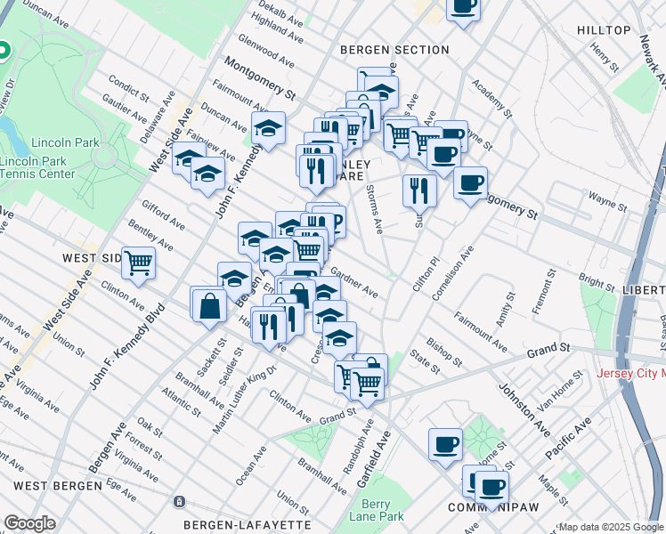 map of restaurants, bars, coffee shops, grocery stores, and more near 73 Gardner Avenue in Jersey City