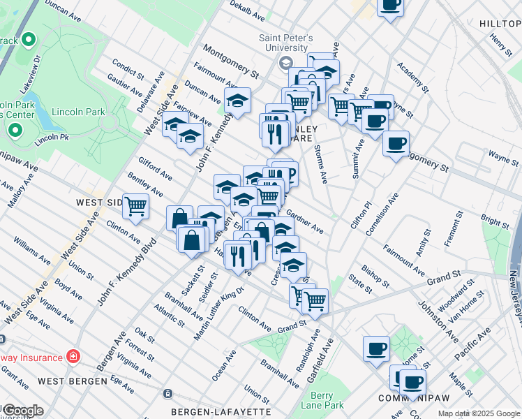 map of restaurants, bars, coffee shops, grocery stores, and more near 100 Belmont Avenue in Jersey City
