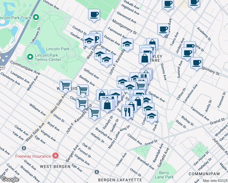 map of restaurants, bars, coffee shops, grocery stores, and more near 15 Gifford Avenue in Jersey City