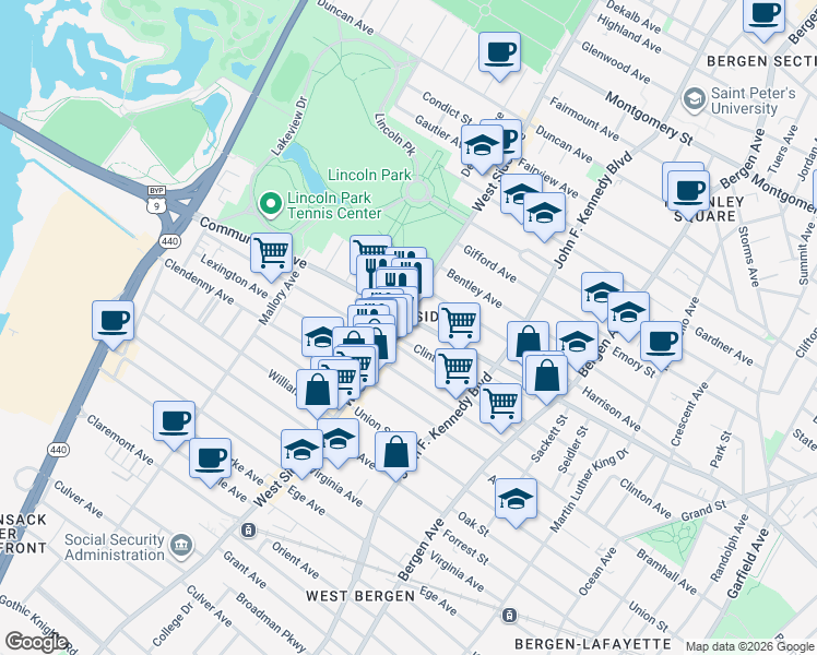 map of restaurants, bars, coffee shops, grocery stores, and more near in Jersey City