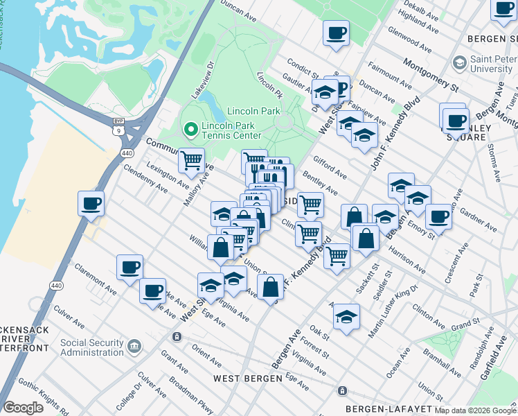 map of restaurants, bars, coffee shops, grocery stores, and more near in Jersey City