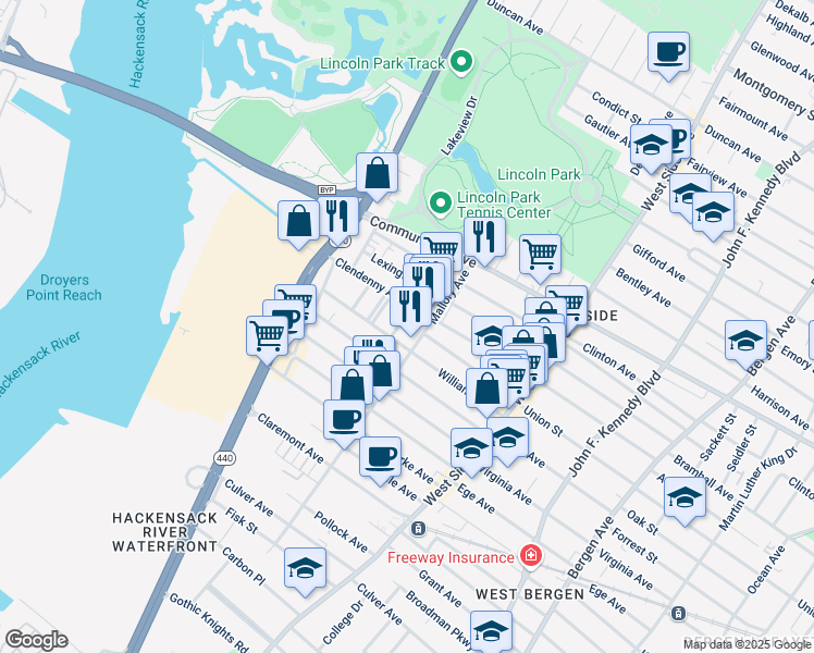 map of restaurants, bars, coffee shops, grocery stores, and more near 12 Miller Street in Jersey City