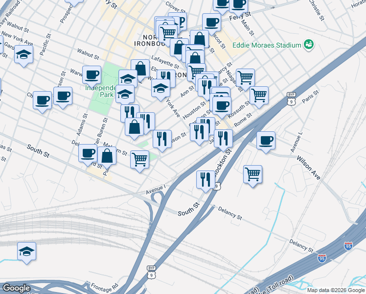 map of restaurants, bars, coffee shops, grocery stores, and more near 41 Gotthardt Street in Newark