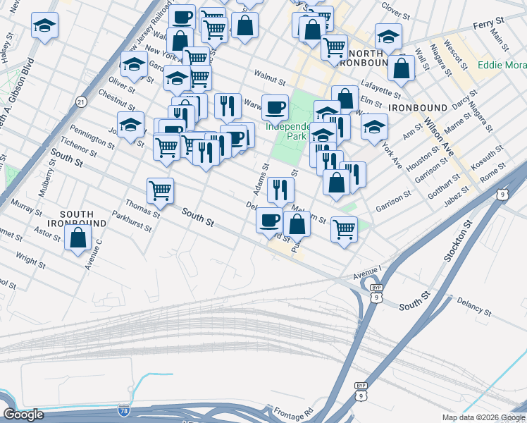 map of restaurants, bars, coffee shops, grocery stores, and more near 117 Delancy Street in Newark