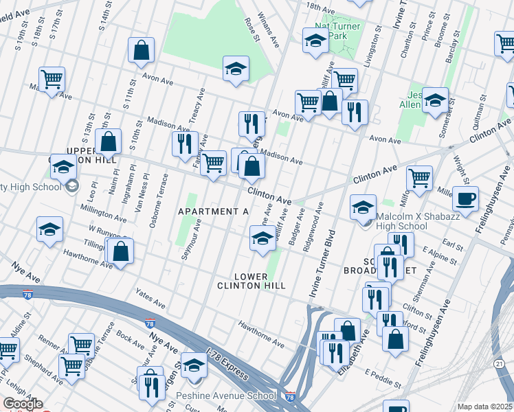 map of restaurants, bars, coffee shops, grocery stores, and more near 207 Peshine Avenue in Newark