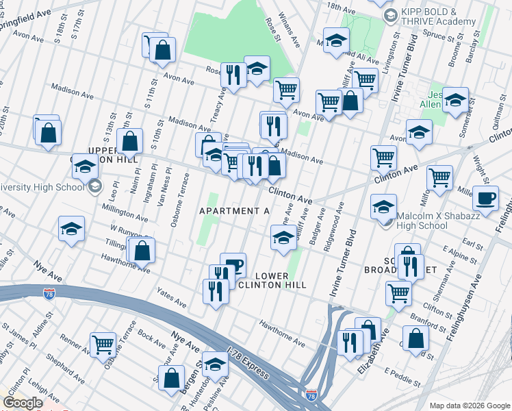 map of restaurants, bars, coffee shops, grocery stores, and more near 686 Bergen Street in Newark