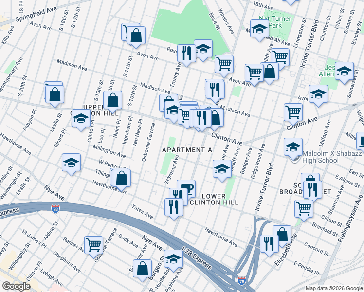 map of restaurants, bars, coffee shops, grocery stores, and more near 165 Chadwick Avenue in Newark