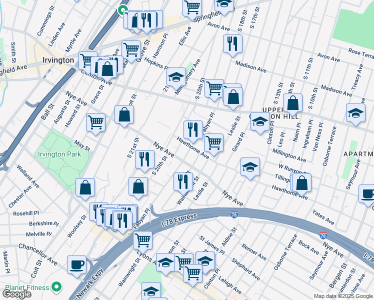 map of restaurants, bars, coffee shops, grocery stores, and more near 554 Hawthorne Avenue in Newark