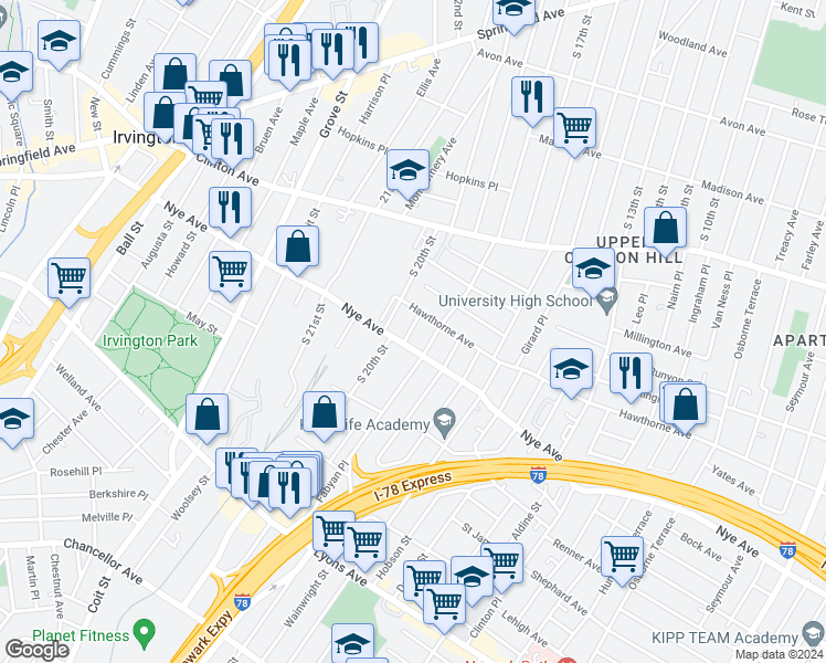map of restaurants, bars, coffee shops, grocery stores, and more near in Newark