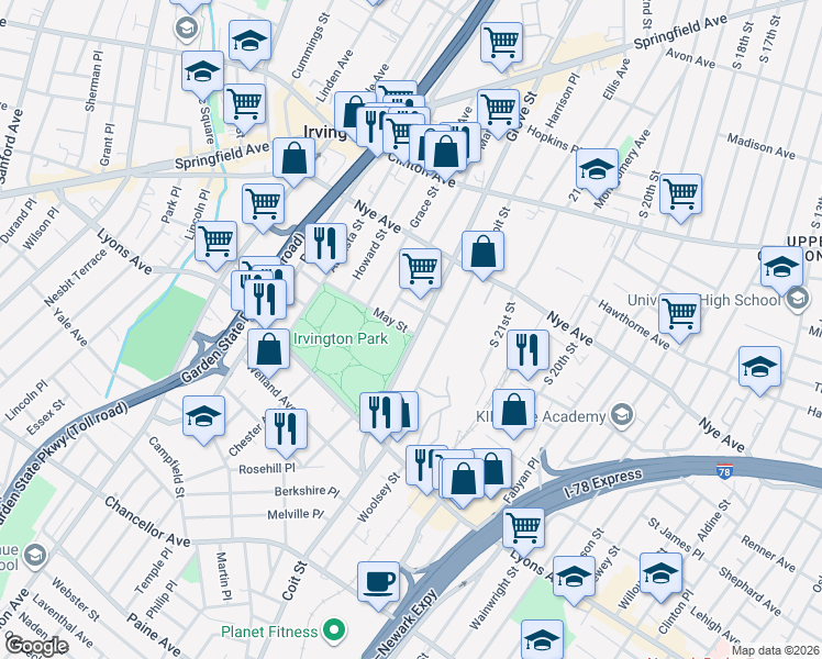 map of restaurants, bars, coffee shops, grocery stores, and more near 3 May Street in Irvington