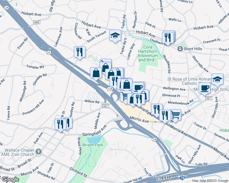 map of restaurants, bars, coffee shops, grocery stores, and more near 764-768 Morris Turnpike in Essex County