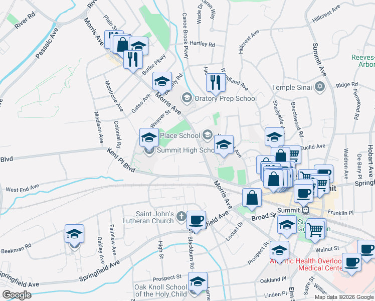 map of restaurants, bars, coffee shops, grocery stores, and more near 23 Edgar Street in Summit