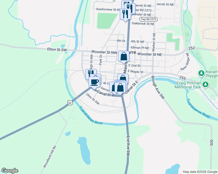 map of restaurants, bars, coffee shops, grocery stores, and more near 119 Center Street Northwest in Navarre