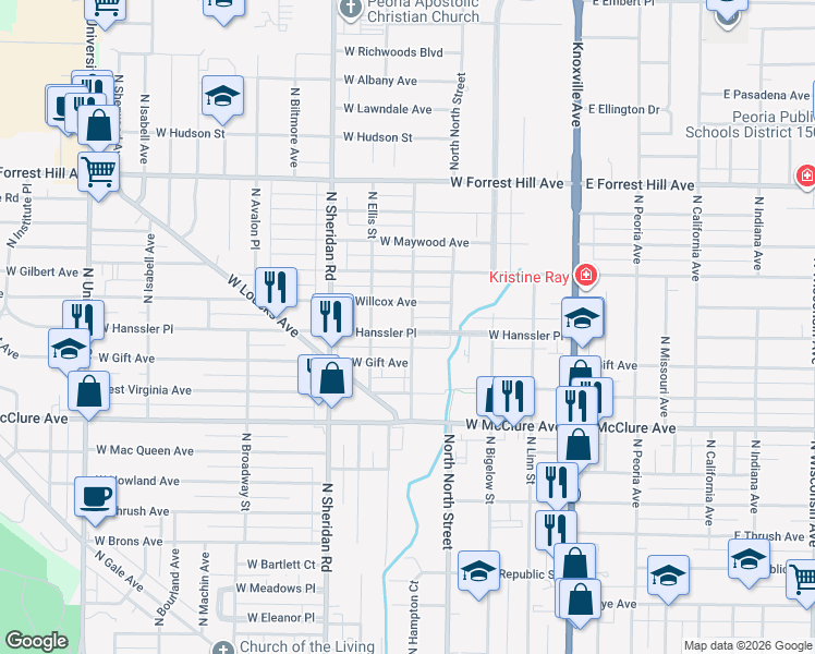 map of restaurants, bars, coffee shops, grocery stores, and more near 521 West Hanssler Place in Peoria