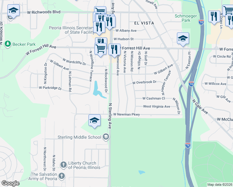 map of restaurants, bars, coffee shops, grocery stores, and more near 2702-2706 North Renwood Avenue in Peoria